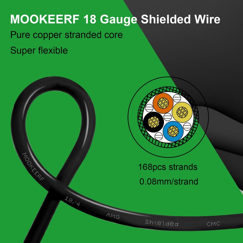 MOOKEERF 18/4 Shielded Wire 30FT,18AWG 4 Conductor Shielded Cable Stranded