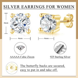 Loutade 925 Silver Stud Earrings, 3 Pairs 925 Sterling Silver Women's Stud Earrings Set with 5A Cubic Zirconia, Hypoallergenic, 4/5/6 mm, Small Earrings Studs for Multiple Pierced Ears, Gifts for Men