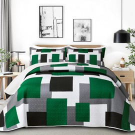 Tyrot - Juego de edredón de 2 piezas, color verde, tamaño individual, negro, gris, blanco, geométrico, reversible, colcha de microfibra, ligera, con 1 funda de cama abstracta moderna para todas las