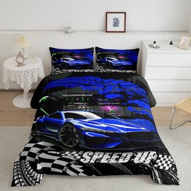 Feelyou Blue Race Car Comforter Twin, Sports Car Comforter Set for Kids Boys Girls Race car Bedding Set Racing Car Duvet Set with 1 Pillow Case