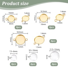 PH PandaHall 24 Sets 14K Gold Blank Pendant Brass Round Photo Charms Connector Pendant Base Link Trays Setting with Glass Cabochon Dome for Wedding Cameo Photo Jewelry Making（8/10/12mm