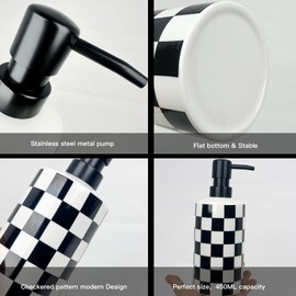 Hand Soap Dispenser, Bathroom Soap Dispenser with Stainless Steel Pump, Ceramic Black and White Bathrooms Lotion Liquid Bottles for Countertop, Checkered Bathroom and Kitchen Decor (15oz)