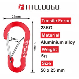 TITECOUGO Carabiner Keychain Aluminum D-Ring Locking Carabine D-Shape Lock Snap Backpack Water Bottle Keychain Hiking Gear Accessories EDC Camping Tent Multi Function Tool Multiple Red 6PCS