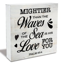 Rustic Religious Wood Box Sign Mightier Than the Waves of the Sea is His Love for You Scripture Wooden Box Sign Christian Home Desk Shelf Decor (5 X 5 Inch)