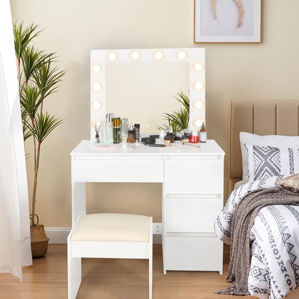 ALAPUR Makeup Vanity Desk with Mirror and Lights, White Dressing