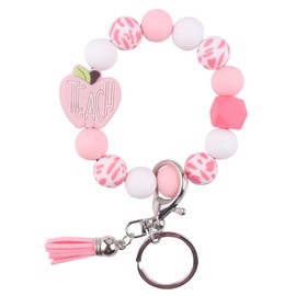 Silicone Bead Apple Keychain Wristlet Bracelet for Teacher,Leopard Wristlet Bangle Keyring Back to School Gifts from Student (Pink Apple)