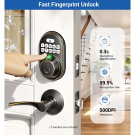 Veise Fingerprint Door Lock with 2 Lever Handles, Keyless Entry Keypad Electronic Deadbolt, Front Door Lock Set, Easy Installation, Oil Rubbed Bronze