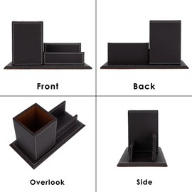 Philo Fun Leather Business Card Holder and Pen Organizer – Modern Desk Organizer Caddy for Office, Home and Workspace, Brown