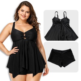 oBoAA Tankini de Talla Grande para Mujer, Traje Baño de Dos Piezas para Mujer con Control Barriga, Bikini Bañador para Exteriores, Playa Natación en Piscina Playa Surf (XX-Grande, Bañador-Black)