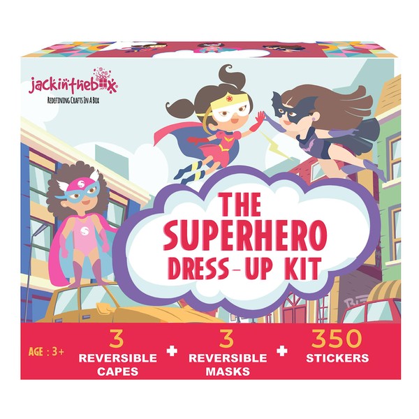 jackinthebox Superhero Dress Up Costumes for Little Girls | Super Hero Capes and Masks | Costumes + Crafts | 3 Printed Superhero Capes, 3 Cool Masks, 350+ Stickers to Decorate…