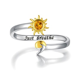 Mic Tai 925 Sterling Silver Semicolon Ring - Gold Sun Wave Rings Engraved Keep Going Jewelry Inspirational Gifts for Women (Just breathe Ring)