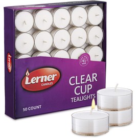 Lerner Clear Tea Lights Candles Bulk - 4.5 Hour Clear Cup Tealight 50 Pack - Consistent Smkless Clean Burning - Holiday, Wedding, Spa, Emergency and Home Decoration Candles