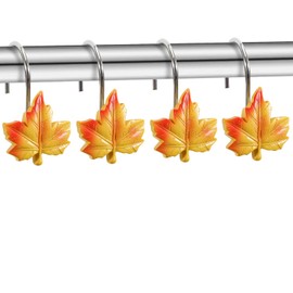 Maple Leaf Shower Curtain Hooks, 12Pcs Thanksgiving Decorative Shower Curtain Hooks, CHICTIE Autumn Fall Leaves Shower Curtain Rings Rustproof for Bathroom Bedroom Room Decor (Deciduous Yellow)