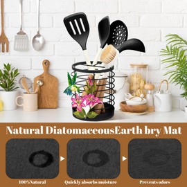Marsui Hummingbird Utensil Holder for Kitchen Counter Flower and Hummingbird Kitchen Utensil Organizer for Countertop with Diatomaceous Mat Cute Utensil Holder Farmhouse Kitchen Decoration