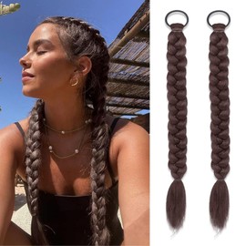 2 Pieces Braided Ponytail Extensions with Hair Ties for Black Women, Long Braid Extensions Hair Pieces Pre Stretched 16 Inch (Brown)