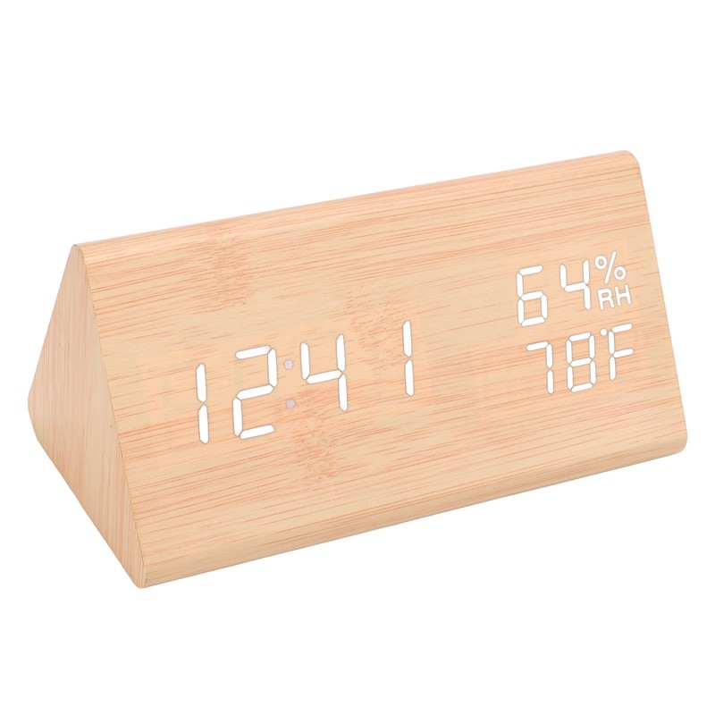 Triangular Digital Wooden Clock Time Date Temperature Humidity Display Alarm