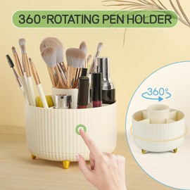 DOCMON Pen Organizer for Desk, Rotating Pen Holder Pencil Holder for Desk, Spinning Desk Organizer Makeup Brush Holder, 5 Slots Pen Cup for First & Last Day of School, Office, Home (Cream yellow)