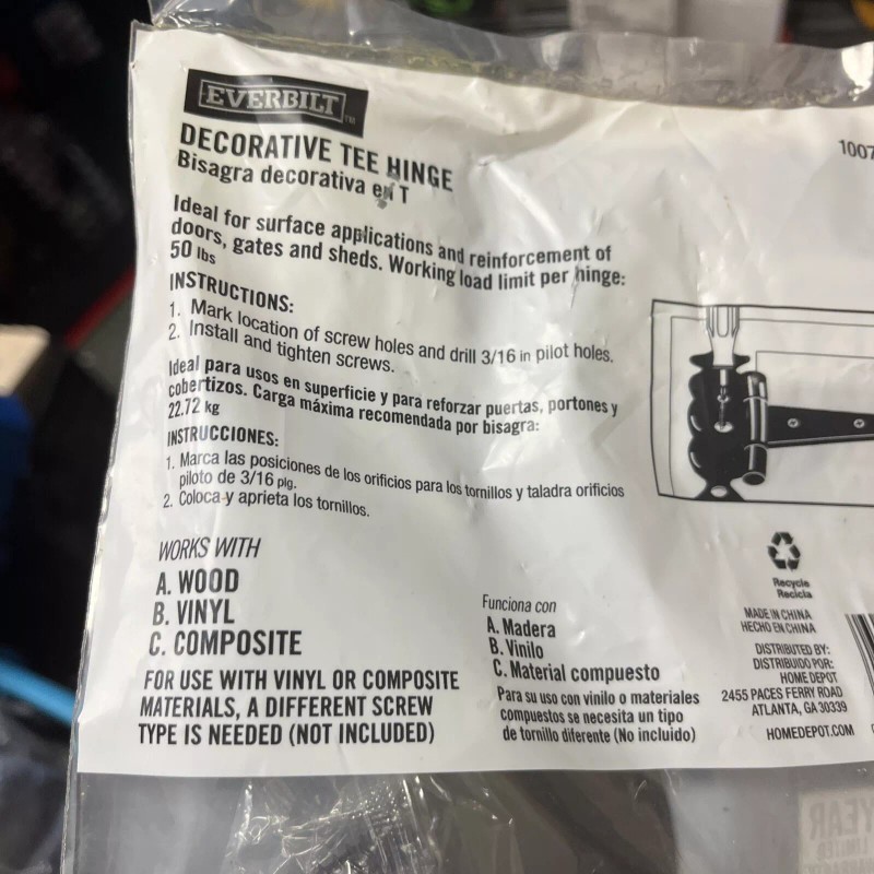 Everbilt 8 in. Black Stainless Steel Decorative Gate Tee Hinge