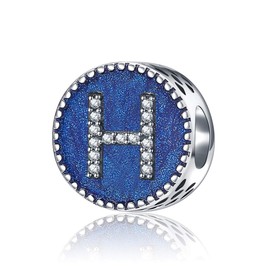 Hoobeads - Abalorio de plata de ley 925 esmaltado azul con letra de Navidad con inicial del alfabeto A-Z, 925 Sterling, circonita cúbica