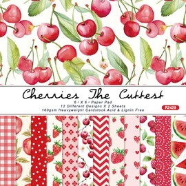 CRASPIRE 24Pcs Fruit Themed Scrapbook Paper 6 x 6in Cherry Strawberry Food Patterned Background Greeting Cardstock Journal Decorative Paper Pads for Album Scrapbooking Journal Cards DIY Making Decor