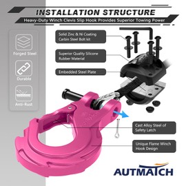 AUTMATCH Winch Hook 3/8" - Clevis Slip Hook with Safety Latch & Winch Cable Hook Stopper, Grade 70 Forged Steel Max 39,600Lbs Work for Winch Rope, ATV, UTV, Off Road Vehicle, Pink