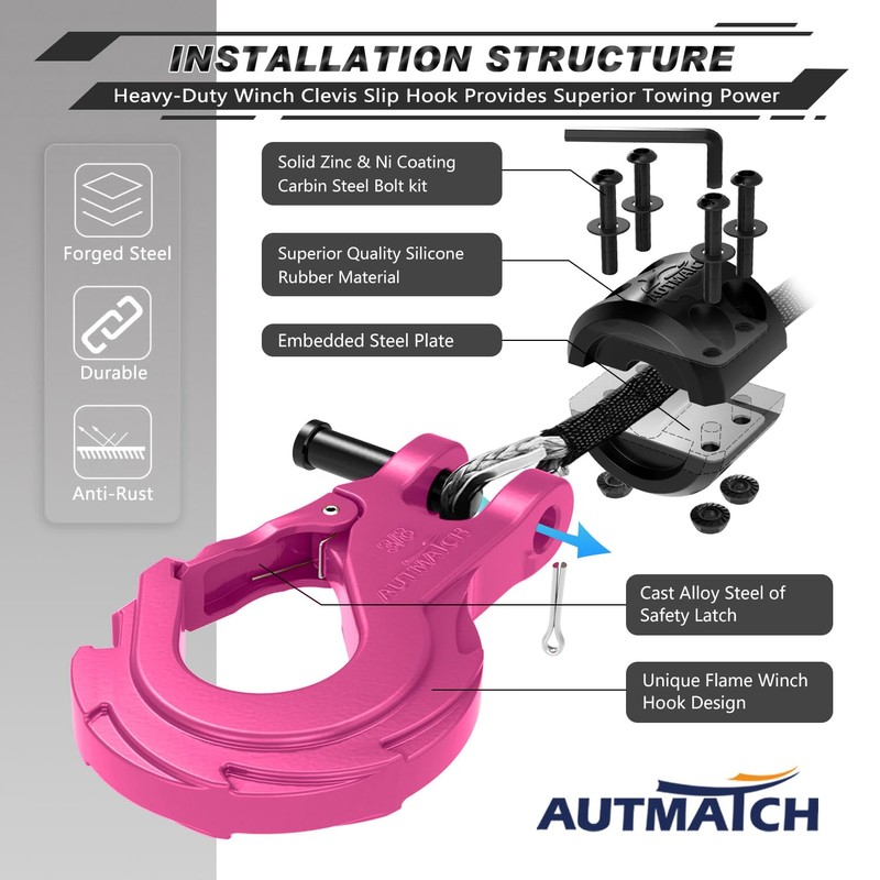 AUTMATCH Winch Hook 3/8" - Clevis Slip Hook with Safety