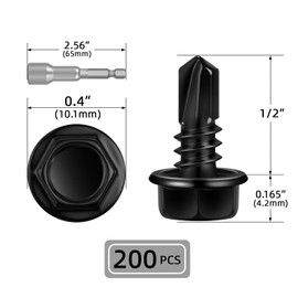 200 PCS #10 x 1/2" Sheet Metal Screws, Black Hex Washer Head Self Drilling Screw, Flanged Self Tapping Screws, 410 Stainless Steel, Hex Bit Socket Included