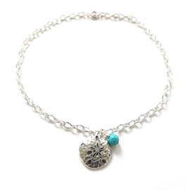 12 Inch Anklet Sand Dollar Turquoise Ankle Bracelet Silver Plated Chain 12 Inch Poolside Swim Tolerant Gift Boxed Pluse Size Large