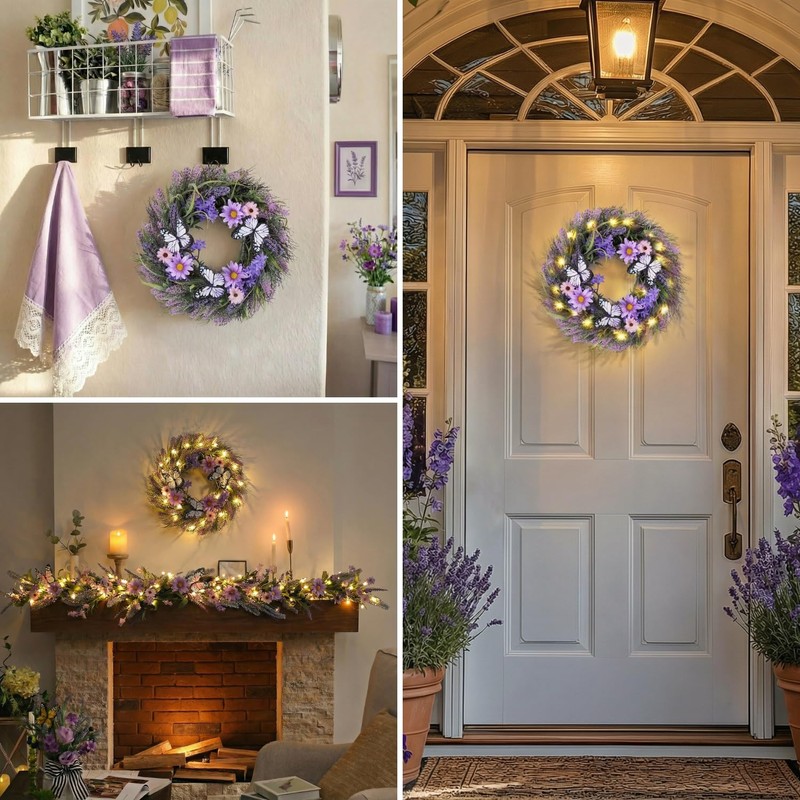 18 inch Spring Lavender Wreaths for Front Door with Lights
