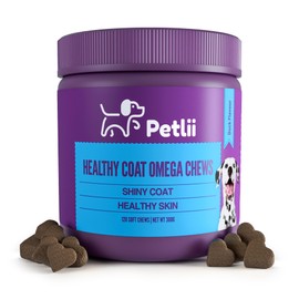 Petlii HEALTHY COAT OMEGA CHEWS - 120 Duck flavour Chews for Skin and Coat health. Omega 3, 6, 9, Biotin, Zinc, Fish Oils and Vitamins to relieve itching, allergies, dryness, patchiness and shedding