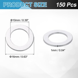 sourcing map 150 Pcs M10 Flat Washer, Aluminum Round Seal Gaskets 16mm OD 1mm Thick Flat Spacers for Screws Bolts Machinery Repair Accessories, Outdoor Construction, Silver Tone