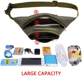 Waterproof Bum Bag Waist Bag for Men and Women, 3 Zip Pockets, Hiking, Outdoor, Sports, Waist Bag, Holiday Money Pouch Pack, olive