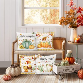 Bonhause Autumn Pumpkin Cushion Covers 45 x 45 cm Beige Green Orange Pumpkins Gnomes Fall Leaves Decorative Throw Pillow Covers for Sofa Bed Home Garden Patio Decor Set of 4