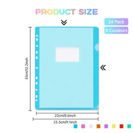 File Sleeves A4 Side Open, 24 Pieces Transparent Pockets A4 for Filing Colourful with 11 Hole Edge and Label Pocket, 8 Colours Transparent Pockets for Storing Paper for Office School