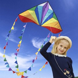 Large Delta Kite for Kids & Adults,Extremely Easy to Fly Kite for Beach Trip,String Line Included,with Colorful Colors Tail,Perfect for Beginners,