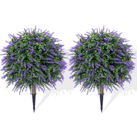 Artificial Lavender Topiary Ball Trees (Set of 2) –24" Tall UV-Resistant Fake Evergreen Shrubs with Ground Spike for Outdoor Planters, Porch, Garden & Indoor Decor