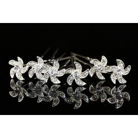 SAMKY Set of 6 Pinwheel Flower Hair Pins - Clear Crystals Silver Plated H100
