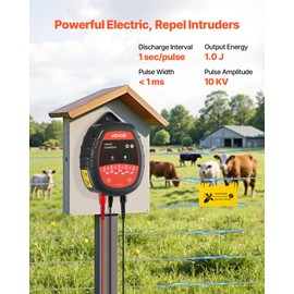 VEVOR Electric Fence Unit, 10kV 1J, AC/DC Electric Fence Device with LED Display, Range 3 km, Powerful Plug-in Charger, to Protect Wildlife Intrusion for Livestock & Poultry