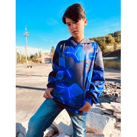 Enlifety Kids Hoodies Boys 3D Black Light Sweatshirts Novelty Pullover Blue Hoodie Cool Geometry Hoody Jumper for Daughter Son 8-11 Years