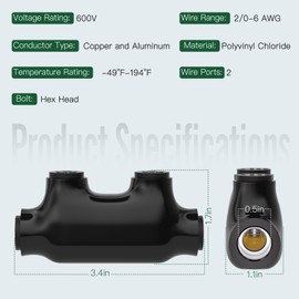 KERWINN 5PCS 2Port Insulated Inline Splice Connector 2/0-6 AWG, Electrical Splice Connector, Black Vinyl Coated, Dual-Rated for Copper and Aluminum Wires