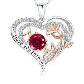THECEROS Heart Rose Birthstone Necklace Gifts for Mom Grandma, Sterling Silver Birthstone Jewelry Necklaces for Women Mothers Day Birthday Christmas Gifts for Women Grandma Wife Daughter Her