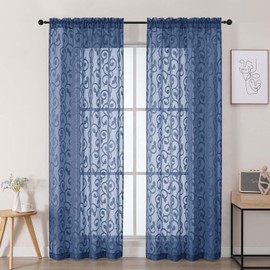 WelvetBLK Dusty Blue Sheer Curtains 84 Inches Long 2 Panels Set for Bedroom Living Room, Soft Solid Airy Elegant Geometric Jacquard Clip Light Filtering Curtains Drapes, 2Pcs Total Wide 84" Inch