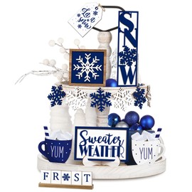 Jetec 12 Pieces Christmas Tiered Tray Decor Set Snowflake Wooden Sign Let It Snow Table Decorations Farmhouse Coffee Bar Signs Winter Tray Decor for Home Kitchen Tabletop(Blue)