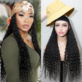 RHEANNA Braid Band Wig Braidsband With Human Hair Curls Boho Braid Band Wig For Hat Through On And Go Light Weight Natural Black Color