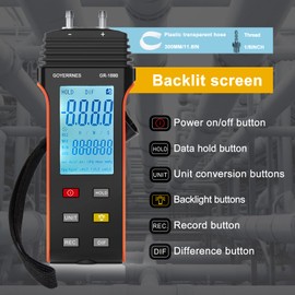 Differential Pressure Gauge Air and Gas Pressure Gauge GR-189B Differential Pressure Gauge with Two Connections 11 Selectable Units Differential Pressure Gauge Large LCD Display HVAC Gas Pressure