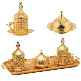 Alisveristime Turkish Coffee Set for Two - Authentic Ottoman Style Cups, Saucers, and Serving Tray with Lale Motifs (Acur) (Gold)