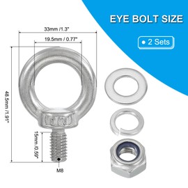 PATIKIL M8 x 15mm Eye Bolt with Nut, 2 Pack 304 Stainless Steel Lifting Shoulder Eyebolt Lift Thread Screws for Hanging, Silver