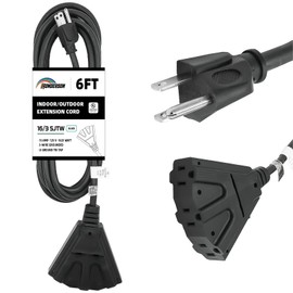 HONDERSON 3-Outlets Indoor Outdoor Extension Cord Weatherproof, UL Listed, 16 Gauge 6FT Black 3 Prong Heavy Duty Extension Cord Multiple Outlets, 16/3 SJTW 13A Power Extension Cord
