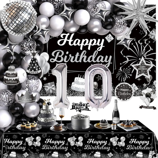 Miidenks 10th Birthday Decorations Set for Boy Girl,Black Silver Happy