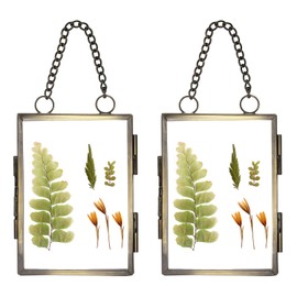 uxcell 2Pcs Mini Hanging Glass Frame, 2x3 Inch Clear Brass Pressed Flower Frame with Chain Rectangle Floating Picture Frame Double Glass Frame for Pressed Flowers Artwork Photo, Bronze